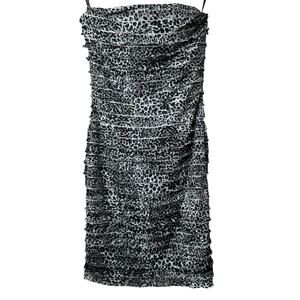Bebe Black & White Leopard Print Tiered Mini Ruffle Bodycon Strapless Dress XS